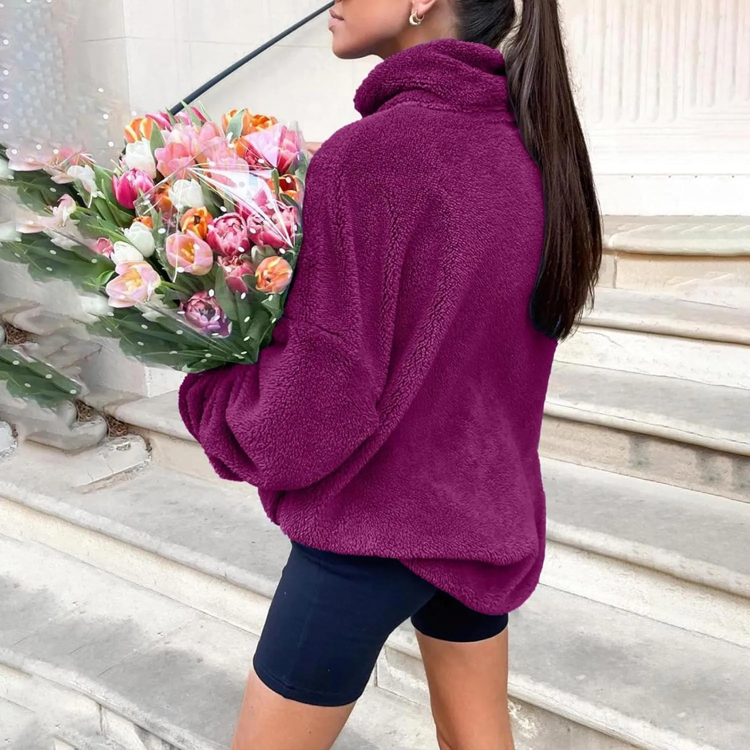 Womens Fleece Sweatshirt Half Zip Up Oversized Long Sleeve Sherpa Pullover Winter Warm Comfy Solid Color Fuzzy Tops