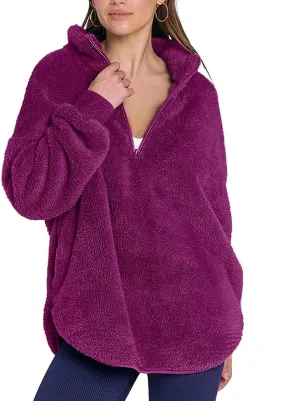 Womens Fleece Sweatshirt Half Zip Up Oversized Long Sleeve Sherpa Pullover Winter Warm Comfy Solid Color Fuzzy Tops