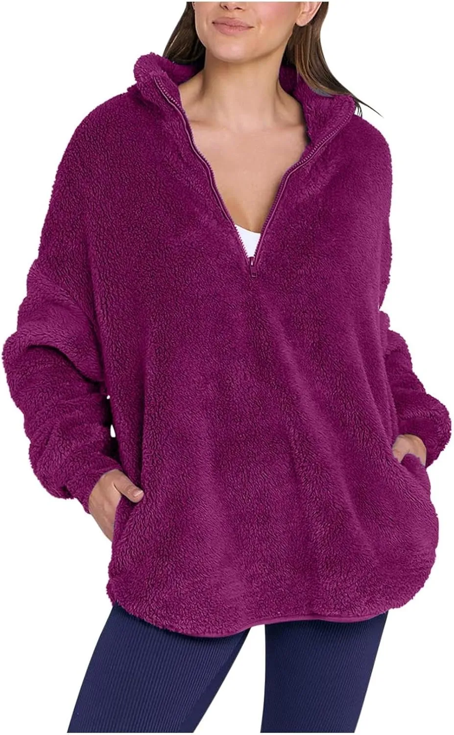 Womens Fleece Sweatshirt Half Zip Up Oversized Long Sleeve Sherpa Pullover Winter Warm Comfy Solid Color Fuzzy Tops
