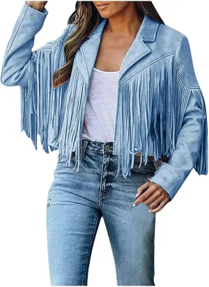 Womens Fringe Jackets Plus Size Faux Suede Coat Fashion Long Sleeve Cardigan Vintage Western Hippie Clothes