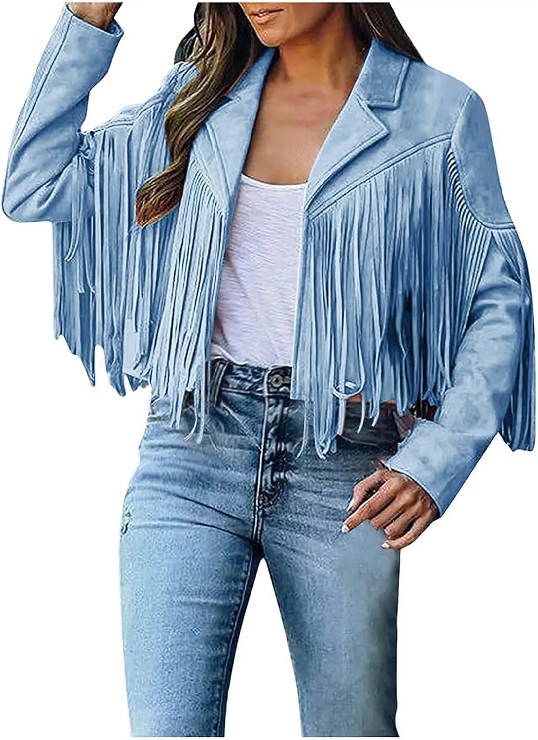 Womens Fringe Jackets Plus Size Faux Suede Coat Fashion Long Sleeve Cardigan Vintage Western Hippie Clothes