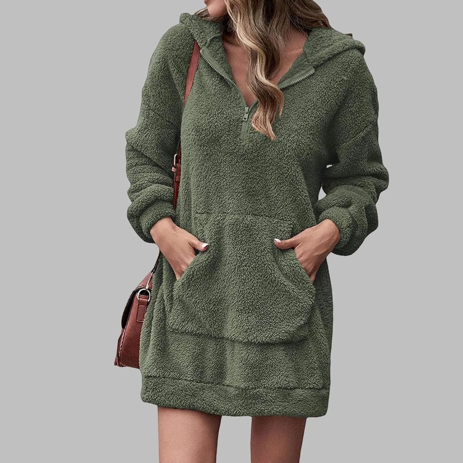 Womens Fuzzy Fleece Hoodies Oversized Half Zip Pullover Winter Long Sleeve Hooded Sweatshirts Casual Tunic Tops