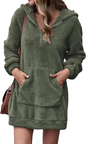 Womens Fuzzy Fleece Hoodies Oversized Half Zip Pullover Winter Long Sleeve Hooded Sweatshirts Casual Tunic Tops