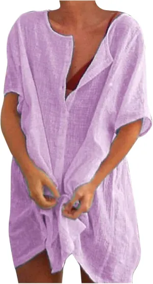 Women's Half Button Down Linen Dress 3/4 Sleeve Casual V-Neck Midi Length Dresses Summer Shirt Dress Blouse