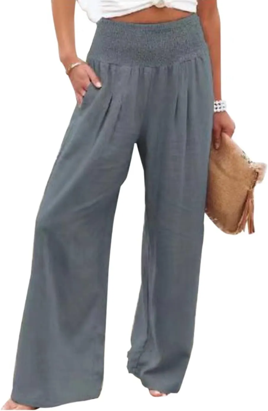 Women's High Waist Breathable Casual Wide Leg Pants with Pockets Hundred Solid Color Cotton Linen Pants
