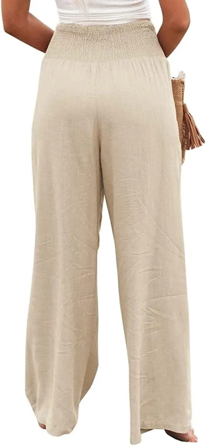 Women's High Waist Breathable Casual Wide Leg Pants with Pockets Hundred Solid Color Cotton Linen Pants