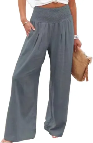 Women's High Waist Breathable Casual Wide Leg Pants with Pockets Hundred Solid Color Cotton Linen Pants