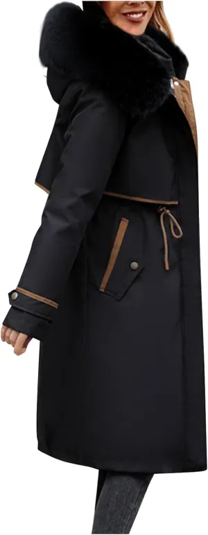 Womens Hooded Parka Puffer Jacket Thicken Cotton Padded Winter Coats Drawstring Long Down Outwear with Faux Fur Trimmed