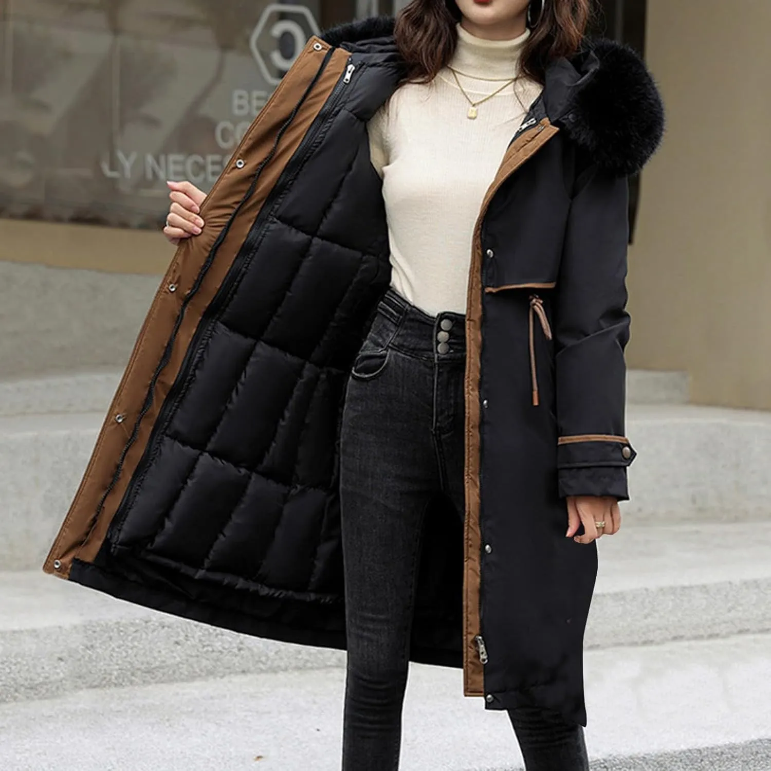 Womens Hooded Parka Puffer Jacket Thicken Cotton Padded Winter Coats Drawstring Long Down Outwear with Faux Fur Trimmed