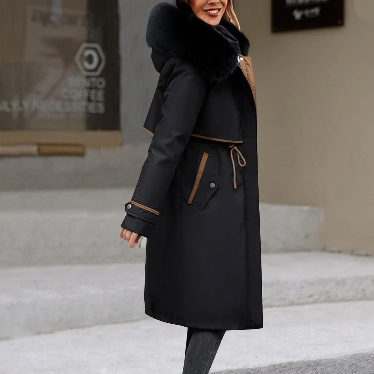 Womens Hooded Parka Puffer Jacket Thicken Cotton Padded Winter Coats Drawstring Long Down Outwear with Faux Fur Trimmed