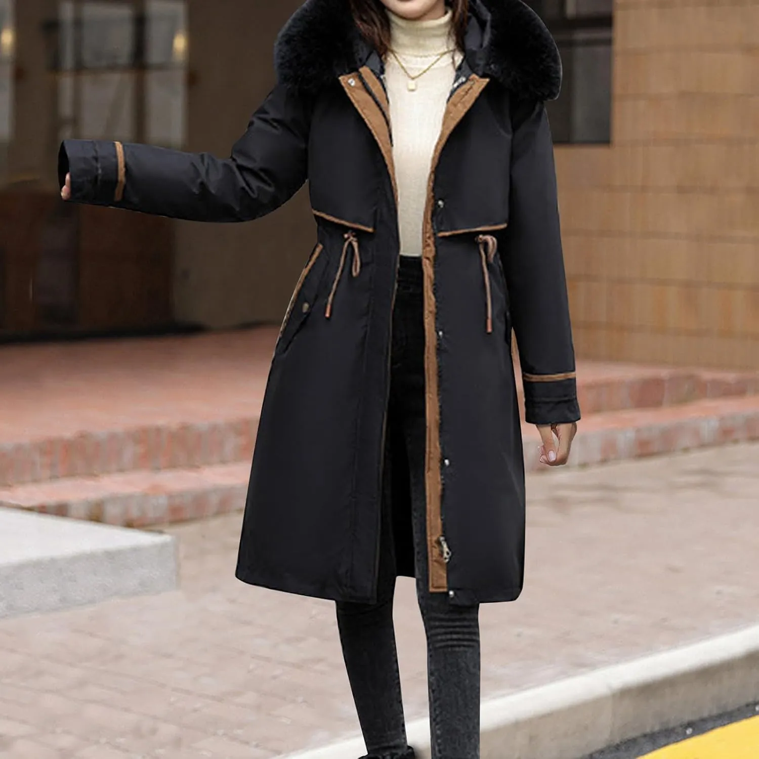 Womens Hooded Parka Puffer Jacket Thicken Cotton Padded Winter Coats Drawstring Long Down Outwear with Faux Fur Trimmed