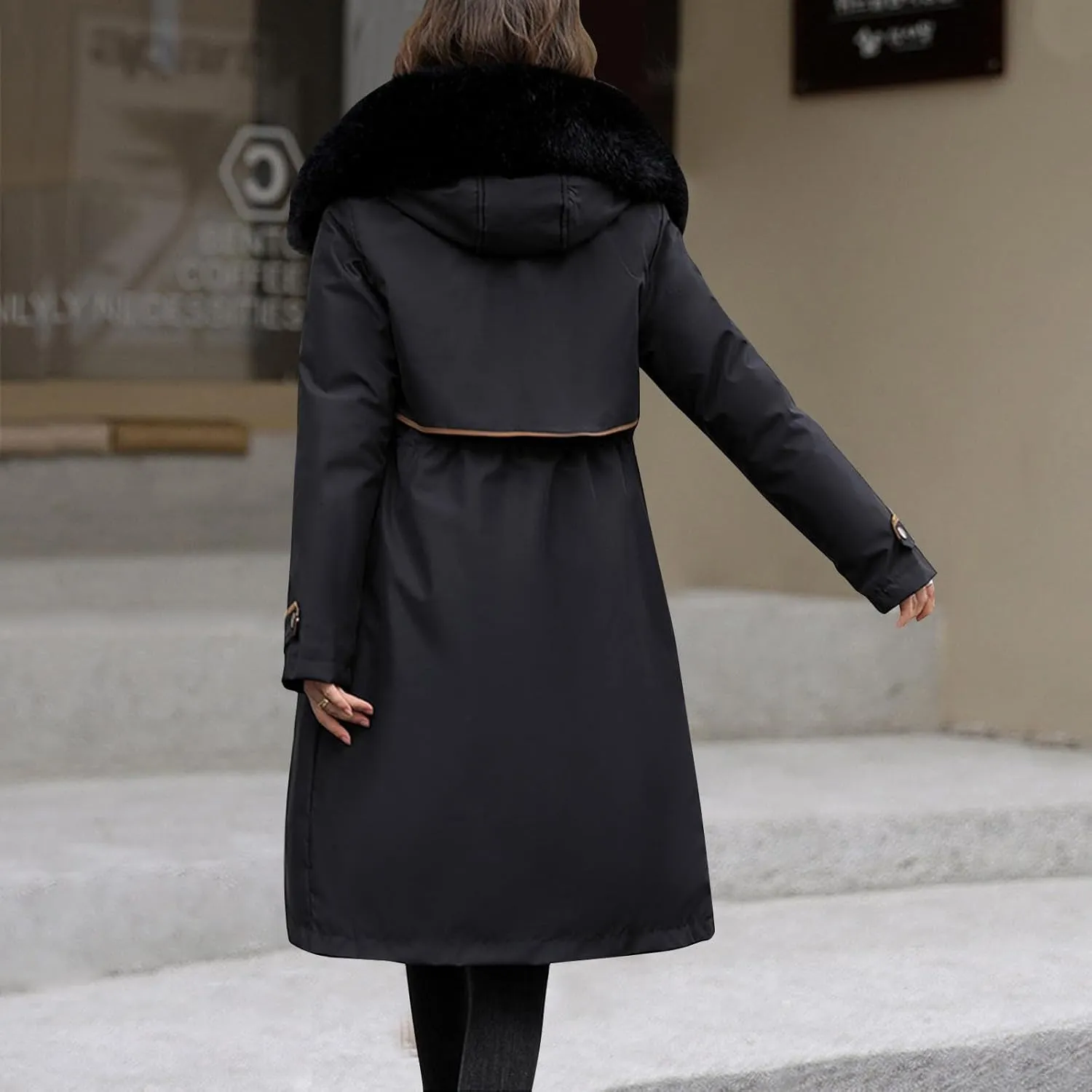 Womens Hooded Parka Puffer Jacket Thicken Cotton Padded Winter Coats Drawstring Long Down Outwear with Faux Fur Trimmed