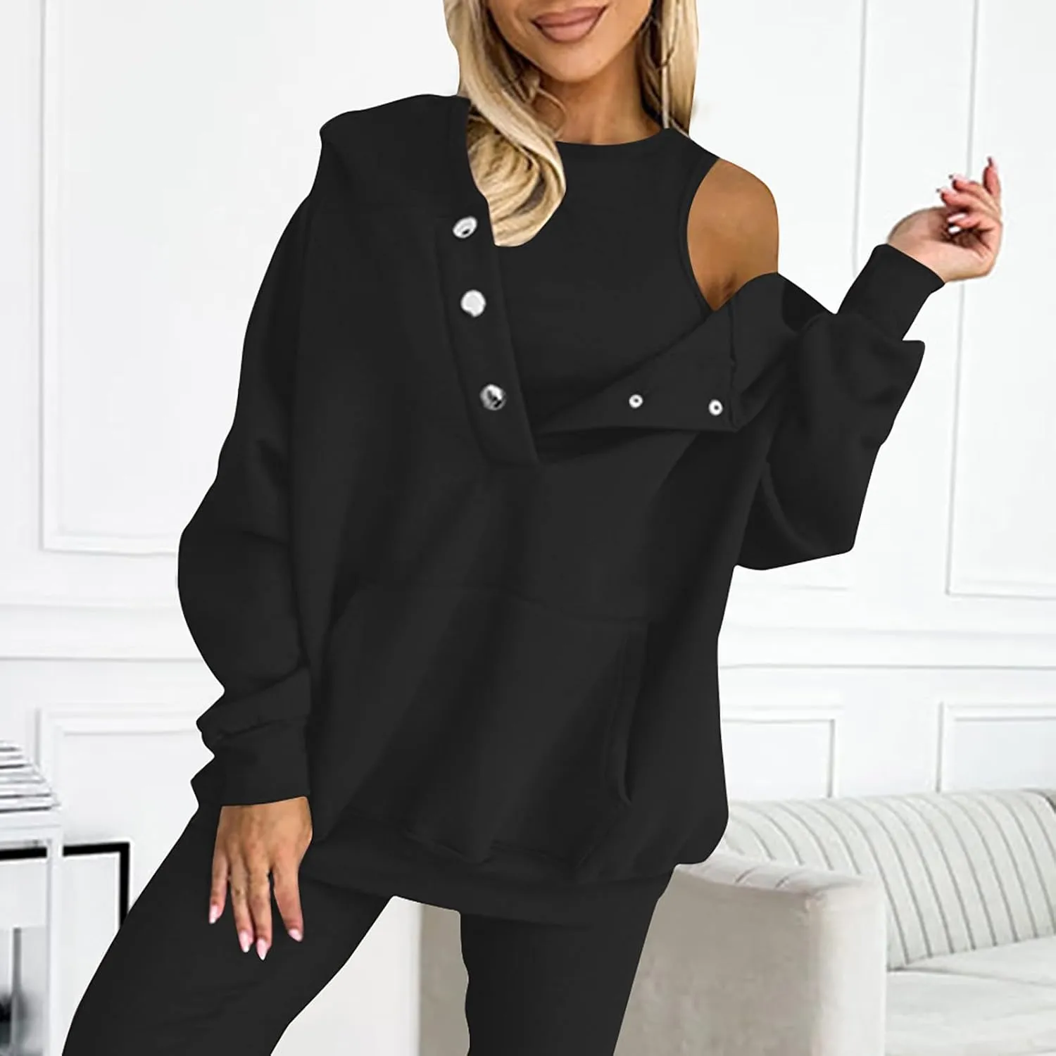 Women's Hoodies Pullover Button Down Oversized Sweatshirts Long Sleeve Pullove Tops 2024 Fall Fashion Streetwear
