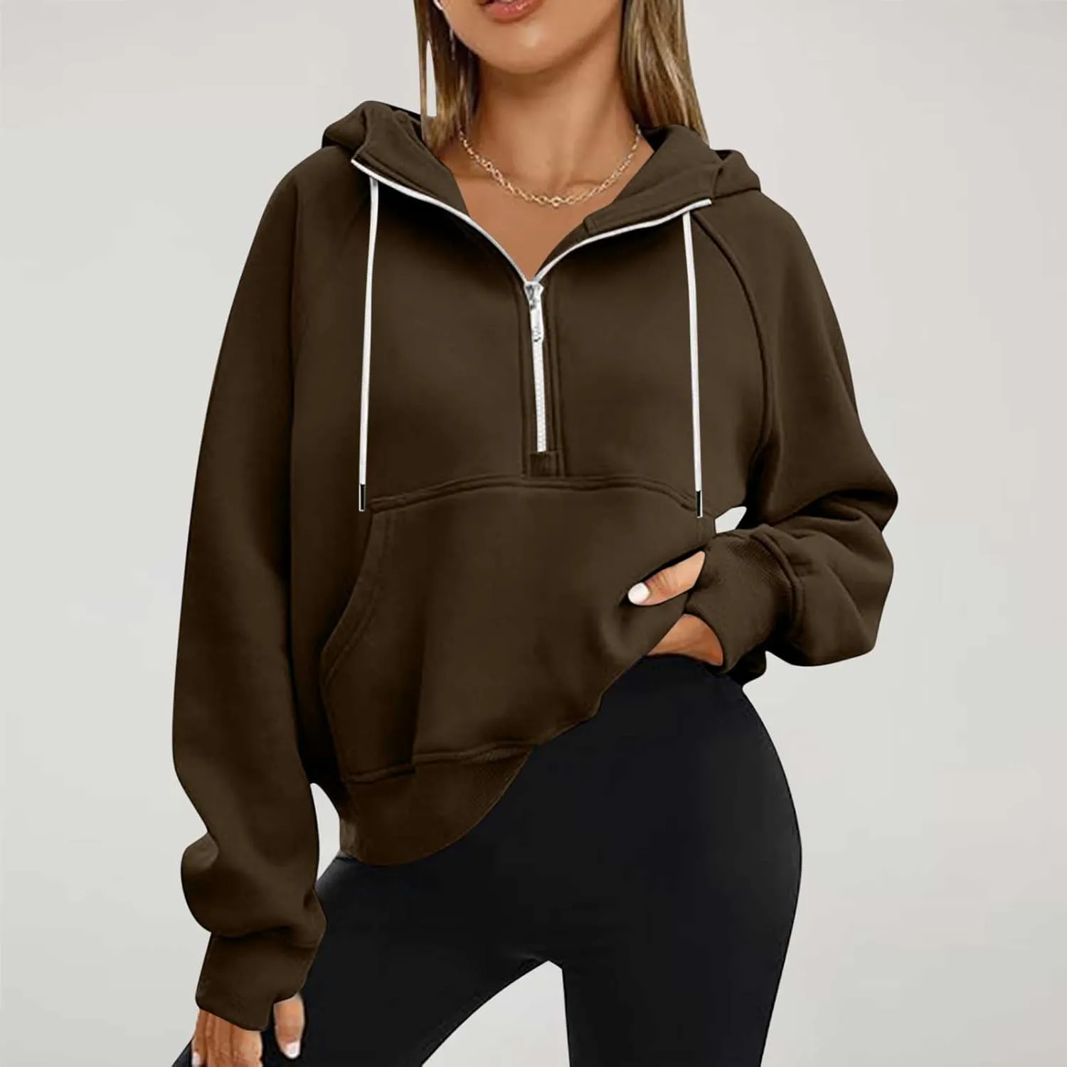 Womens Hoodies Zip Up Lightweight Long Sleeve Solid Hooded Sweatshirts Casual Full Zip Up Cropped Sweatshirts Jackets
