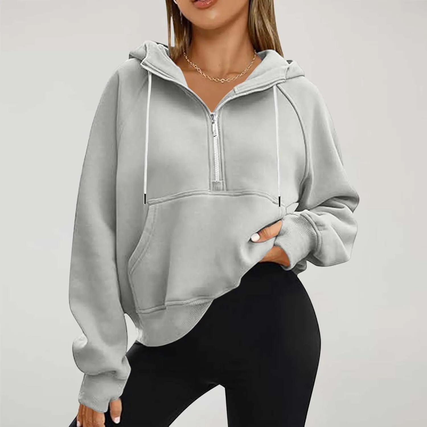 Womens Hoodies Zip Up Lightweight Long Sleeve Solid Hooded Sweatshirts Casual Full Zip Up Cropped Sweatshirts Jackets