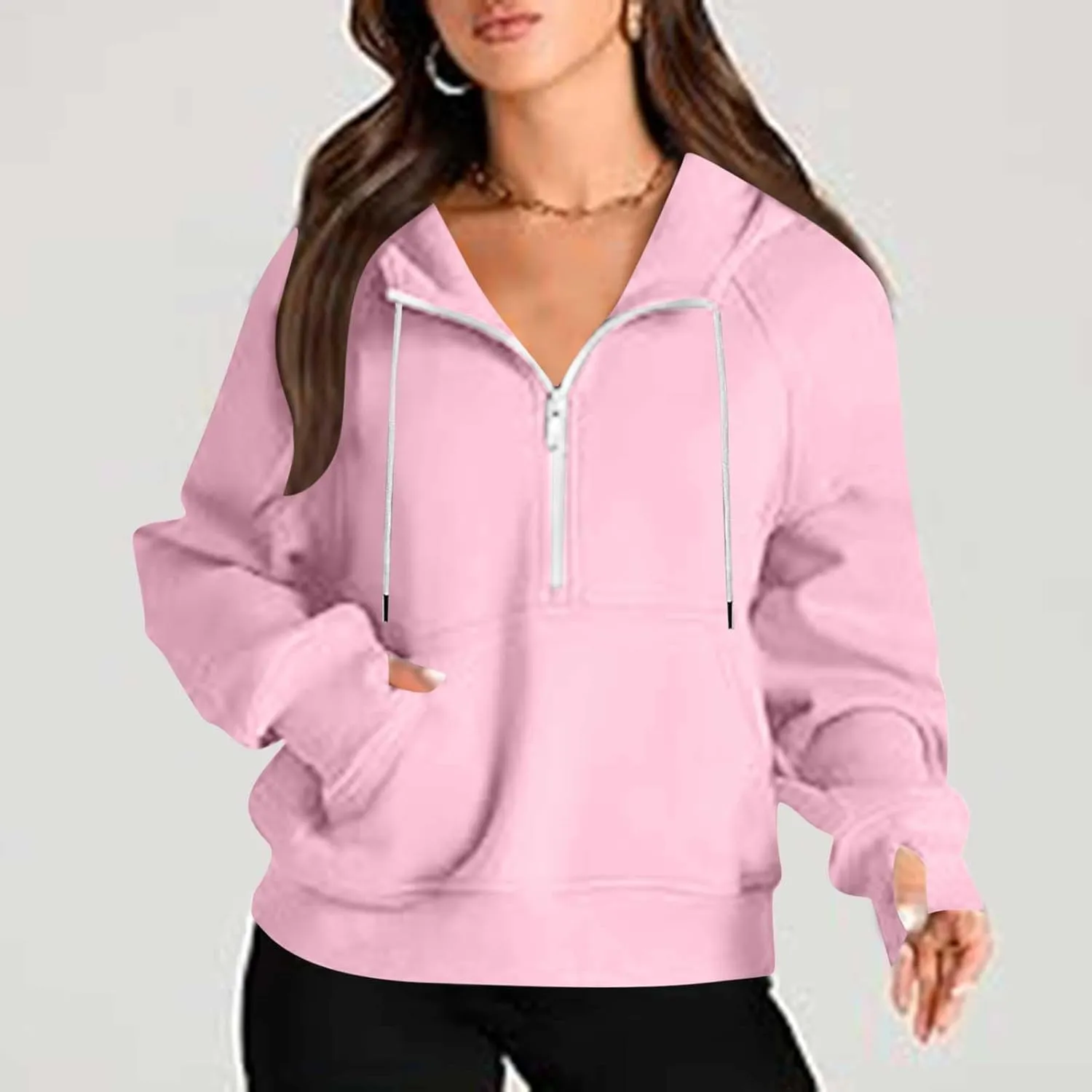 Womens Hoodies Zip Up Lightweight Long Sleeve Solid Hooded Sweatshirts Casual Full Zip Up Cropped Sweatshirts Jackets