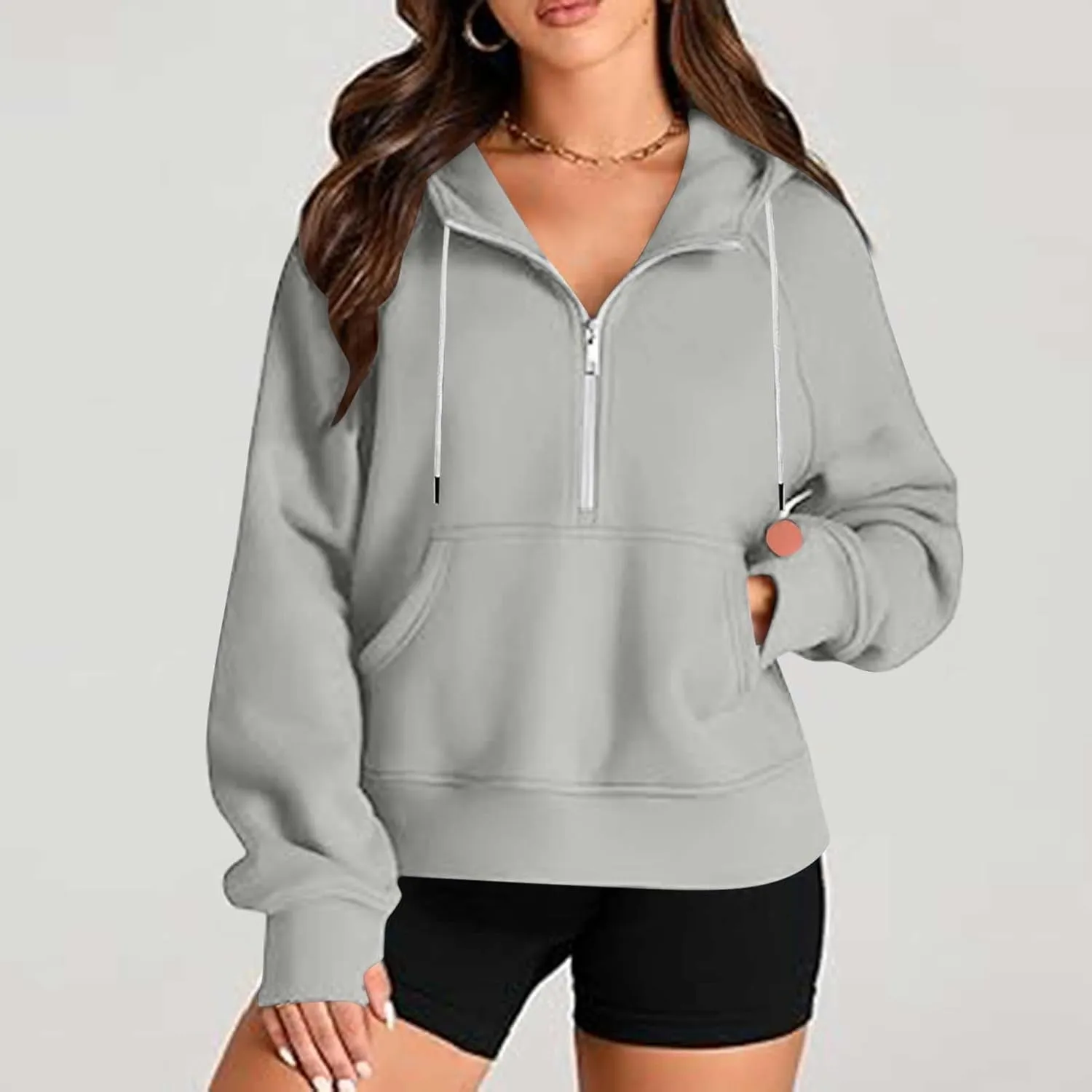 Womens Hoodies Zip Up Lightweight Long Sleeve Solid Hooded Sweatshirts Casual Full Zip Up Cropped Sweatshirts Jackets