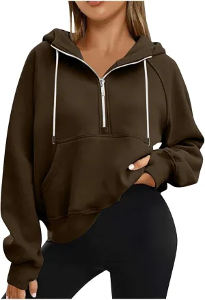 Womens Hoodies Zip Up Lightweight Long Sleeve Solid Hooded Sweatshirts Casual Full Zip Up Cropped Sweatshirts Jackets