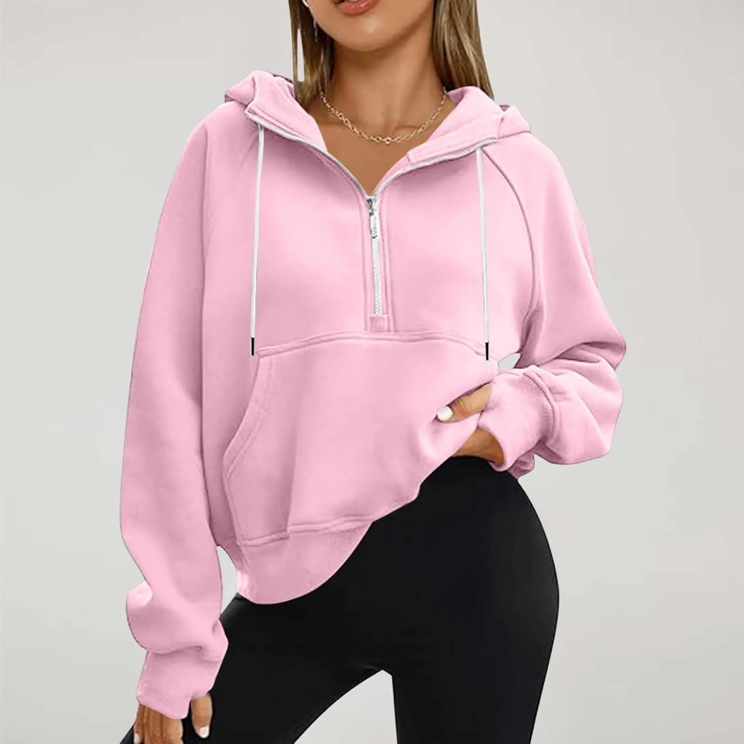 Womens Hoodies Zip Up Lightweight Long Sleeve Solid Hooded Sweatshirts Casual Full Zip Up Cropped Sweatshirts Jackets