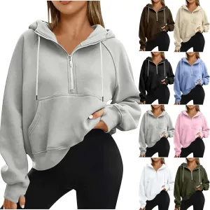 Womens Hoodies Zip Up Lightweight Long Sleeve Solid Hooded Sweatshirts Casual Full Zip Up Cropped Sweatshirts Jackets
