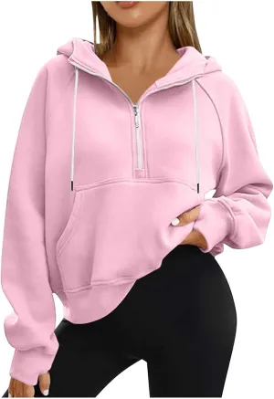 Womens Hoodies Zip Up Lightweight Long Sleeve Solid Hooded Sweatshirts Casual Full Zip Up Cropped Sweatshirts Jackets