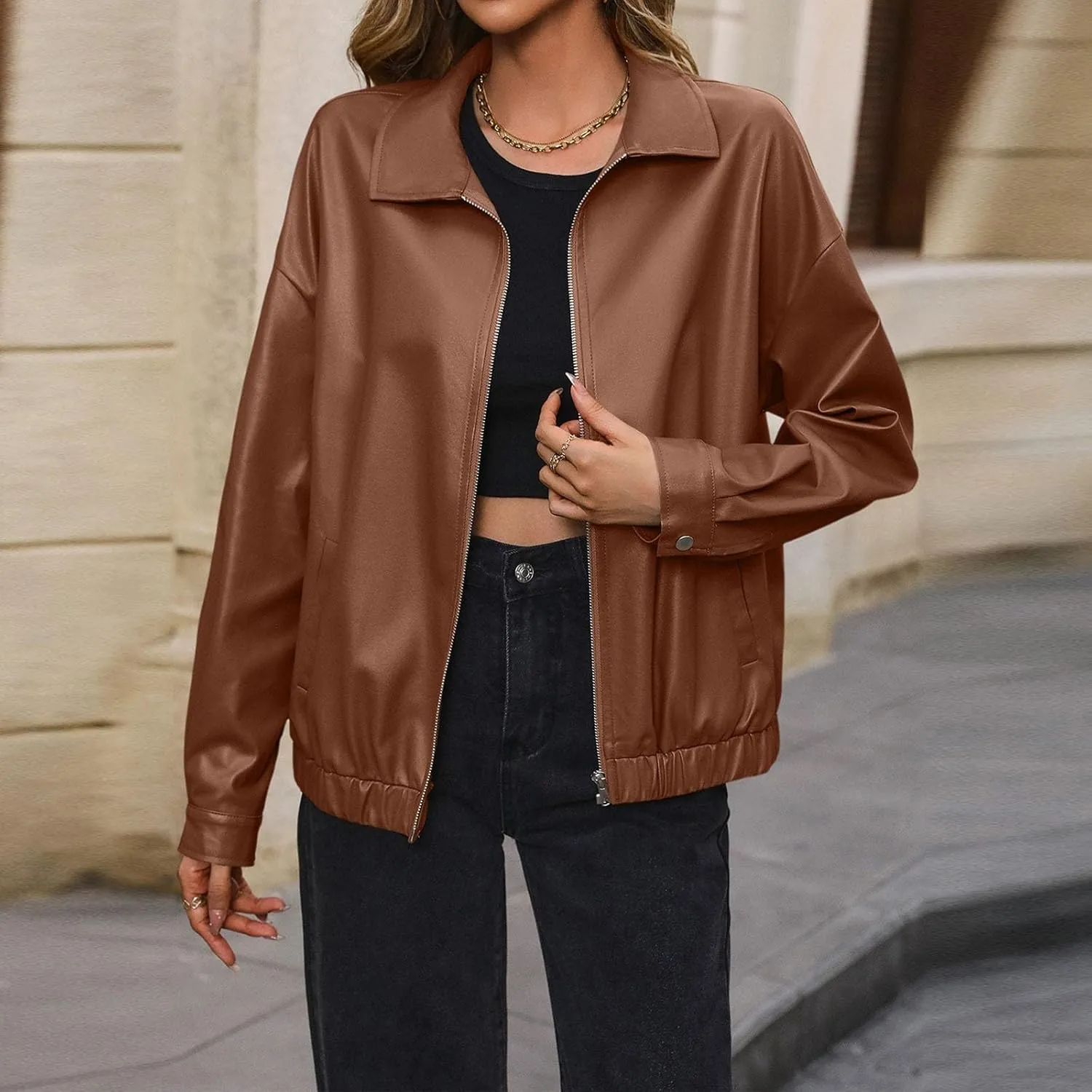 Womens Leather Jacket Oversized Leather Bomber Jackets Faux Suede Fall Fashion Motorcycle Coats Black Biker Outfits