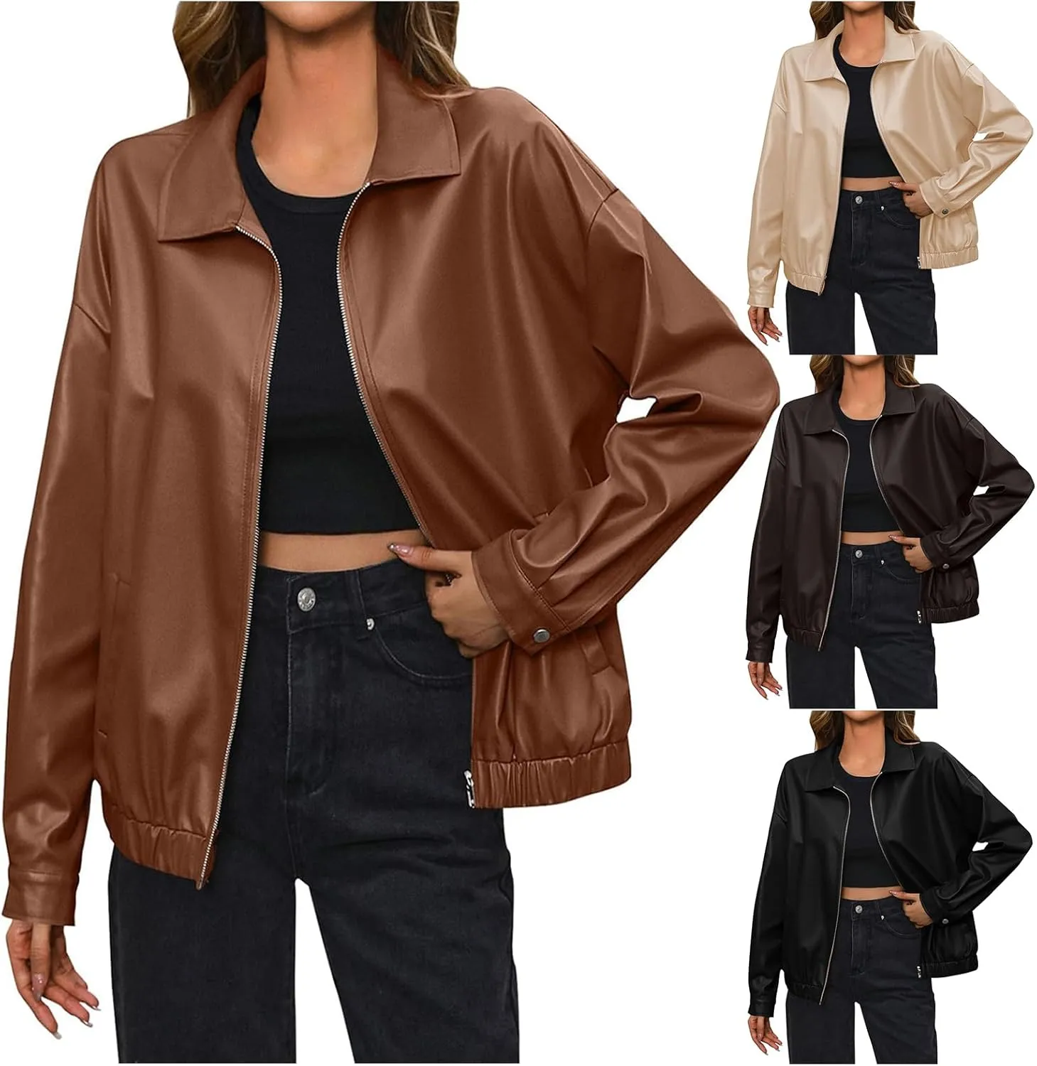 Womens Leather Jacket Oversized Leather Bomber Jackets Faux Suede Fall Fashion Motorcycle Coats Black Biker Outfits
