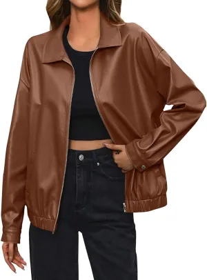 Womens Leather Jacket Oversized Leather Bomber Jackets Faux Suede Fall Fashion Motorcycle Coats Black Biker Outfits