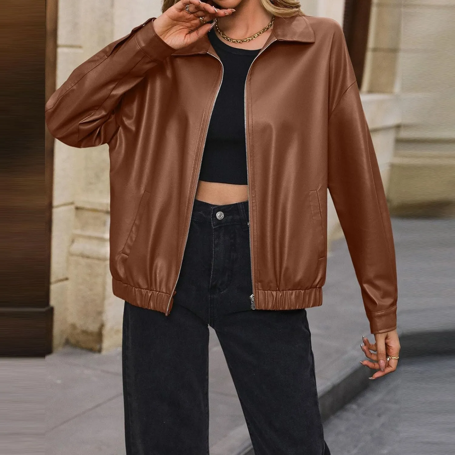 Womens Leather Jacket Oversized Leather Bomber Jackets Faux Suede Fall Fashion Motorcycle Coats Black Biker Outfits