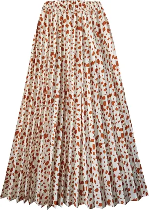 Women's Leopard Print Elastic Waist Pleated A-Line Midi Long Skirts