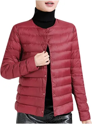 Womens Lightweight Quilted Puffer Jackets Collarless Snap Packable Short Down Jacket Winter Warm Down Coats Outwear