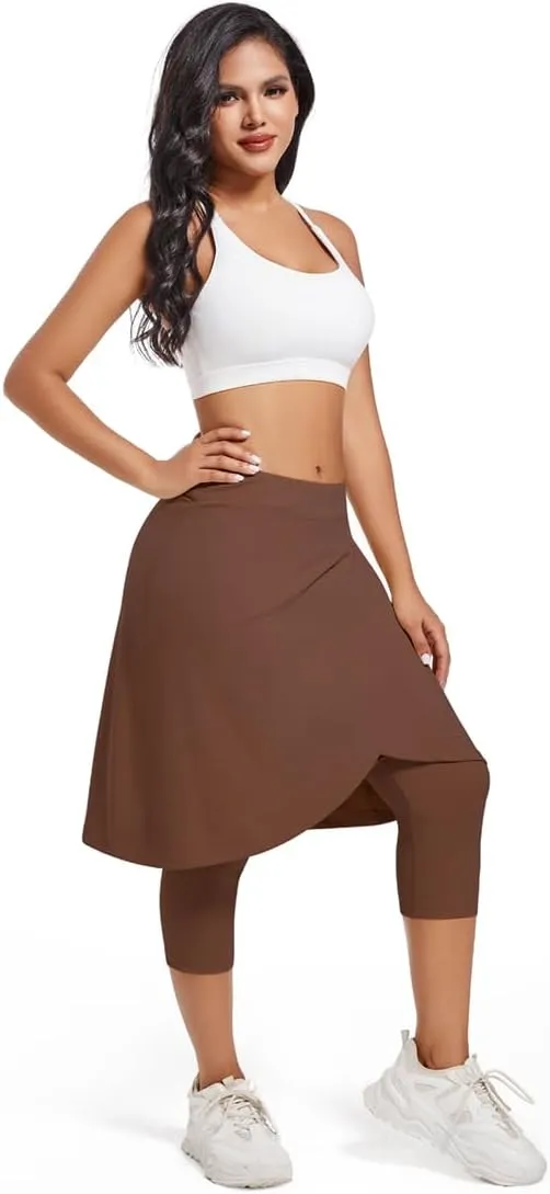 Women's Long Knee-Length Skirt with Capri Leggings, Athletic Golf Yoga Tennis Skirted Leggings with Internal Pocket