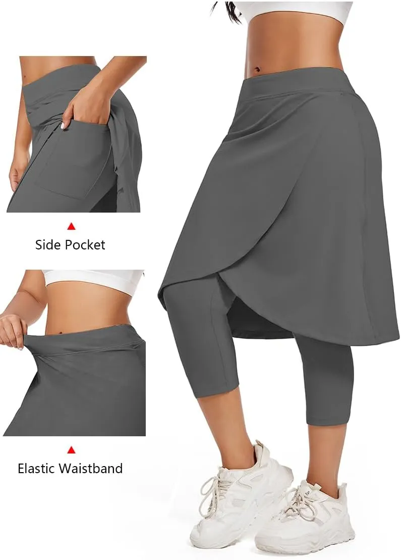 Women's Long Knee-Length Skirt with Capri Leggings, Athletic Golf Yoga Tennis Skirted Leggings with Internal Pocket