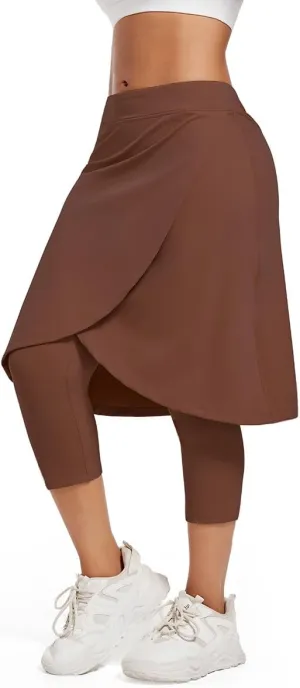 Women's Long Knee-Length Skirt with Capri Leggings, Athletic Golf Yoga Tennis Skirted Leggings with Internal Pocket