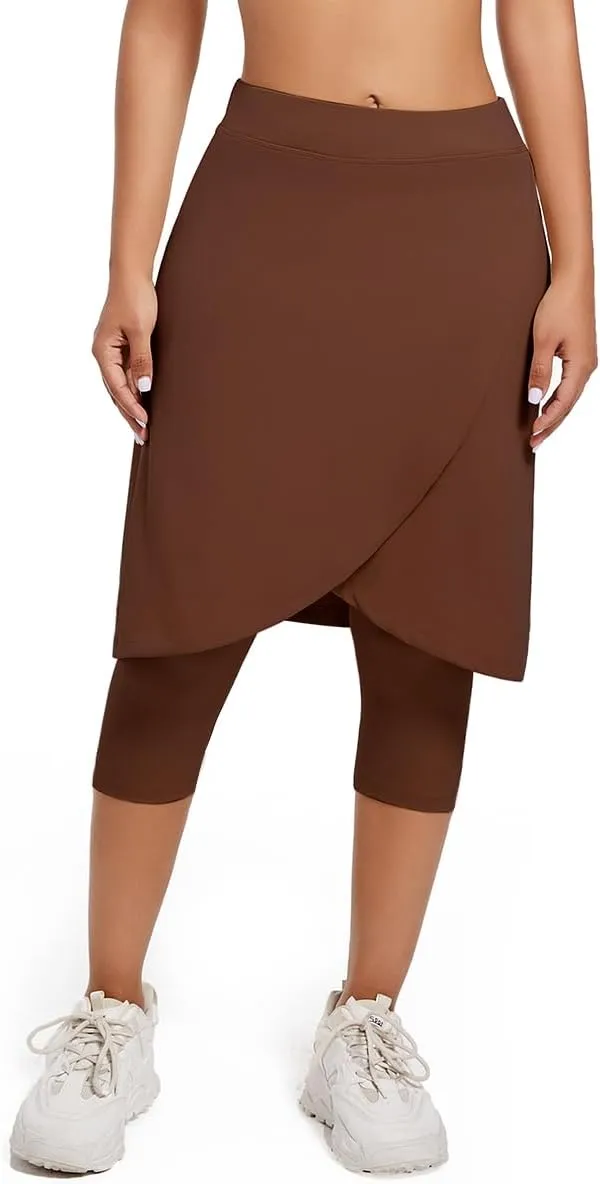 Women's Long Knee-Length Skirt with Capri Leggings, Athletic Golf Yoga Tennis Skirted Leggings with Internal Pocket