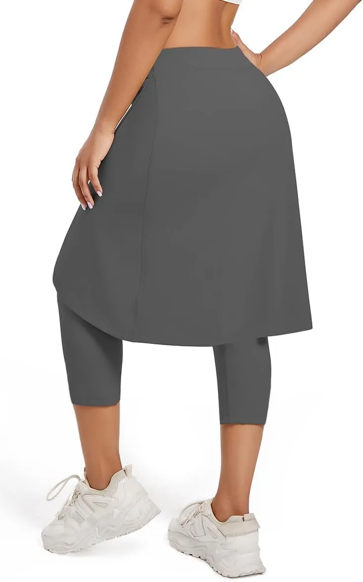 Women's Long Knee-Length Skirt with Capri Leggings, Athletic Golf Yoga Tennis Skirted Leggings with Internal Pocket