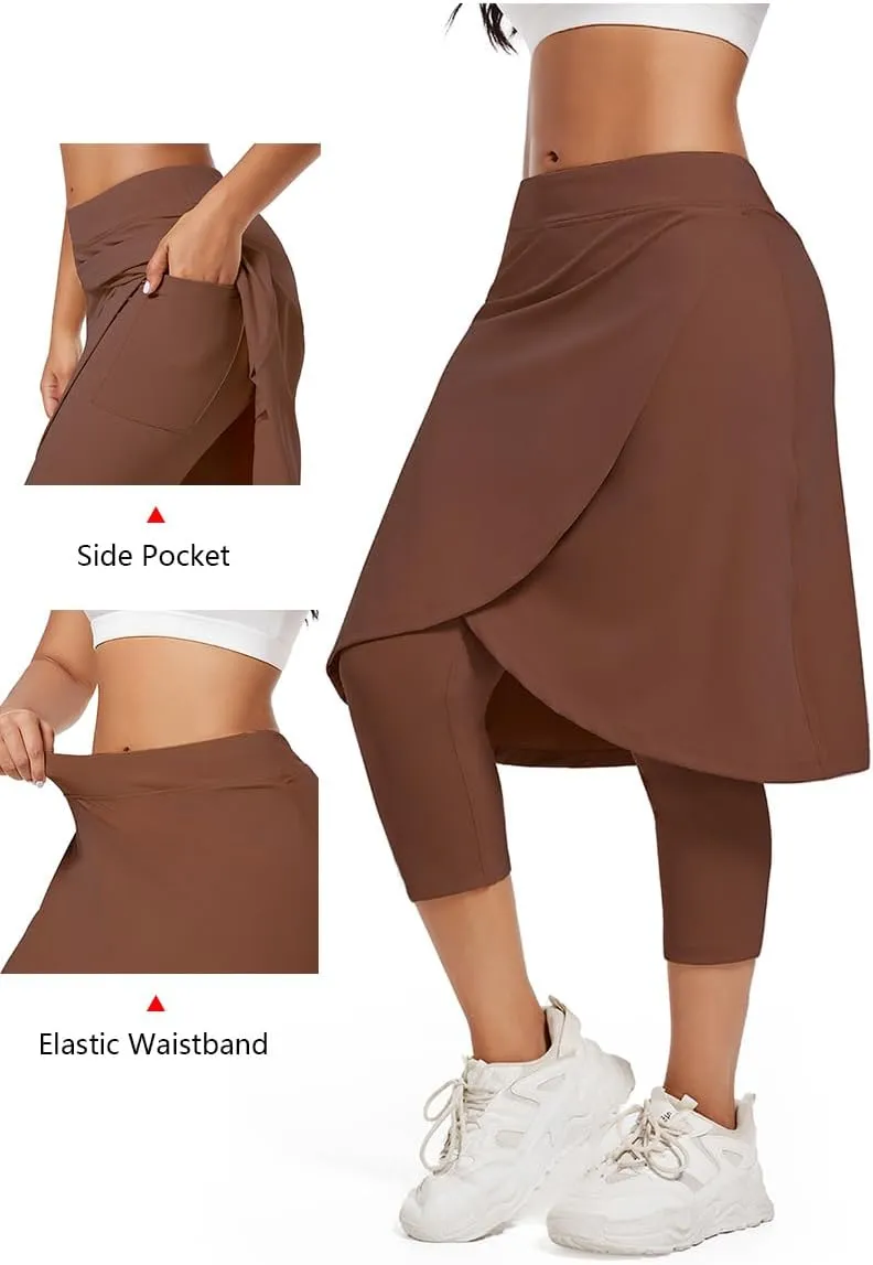 Women's Long Knee-Length Skirt with Capri Leggings, Athletic Golf Yoga Tennis Skirted Leggings with Internal Pocket