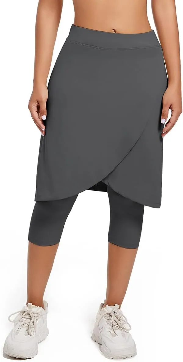 Women's Long Knee-Length Skirt with Capri Leggings, Athletic Golf Yoga Tennis Skirted Leggings with Internal Pocket
