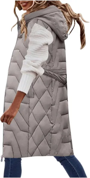 Womens Long Puffer Vest Winter Warm Sleeveless Thicken Cotton Padded Coat Zip Up Pockets Hooded Jacket Belt Down Gilet