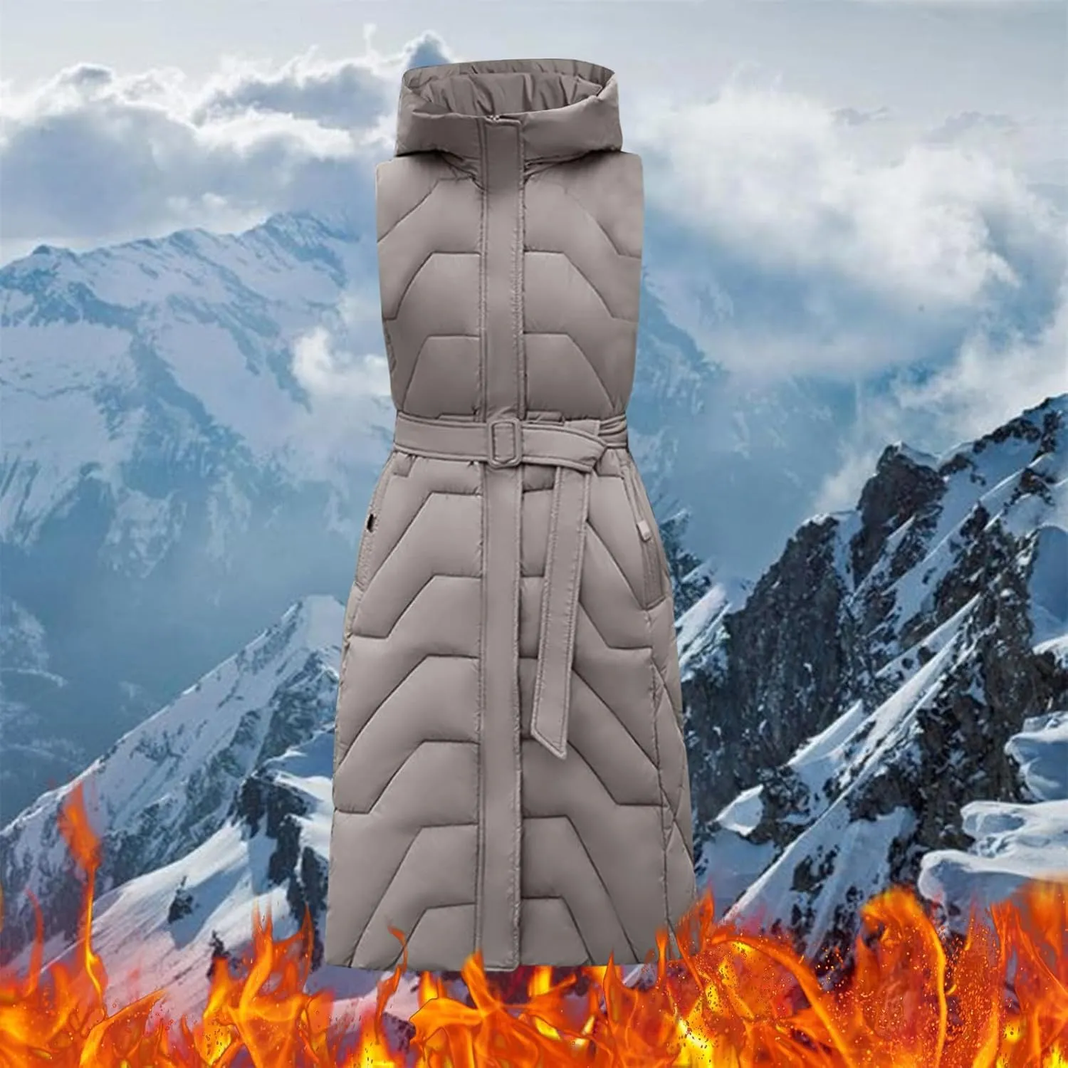 Womens Long Puffer Vest Winter Warm Sleeveless Thicken Cotton Padded Coat Zip Up Pockets Hooded Jacket Belt Down Gilet