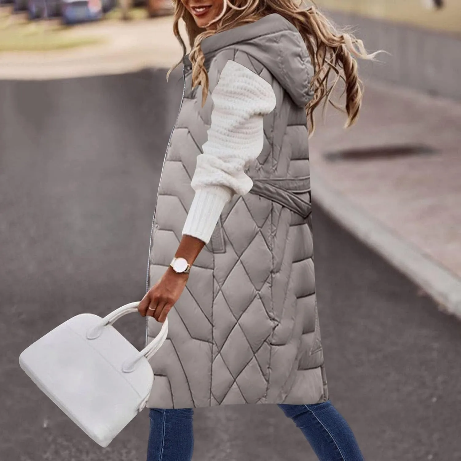 Womens Long Puffer Vest Winter Warm Sleeveless Thicken Cotton Padded Coat Zip Up Pockets Hooded Jacket Belt Down Gilet