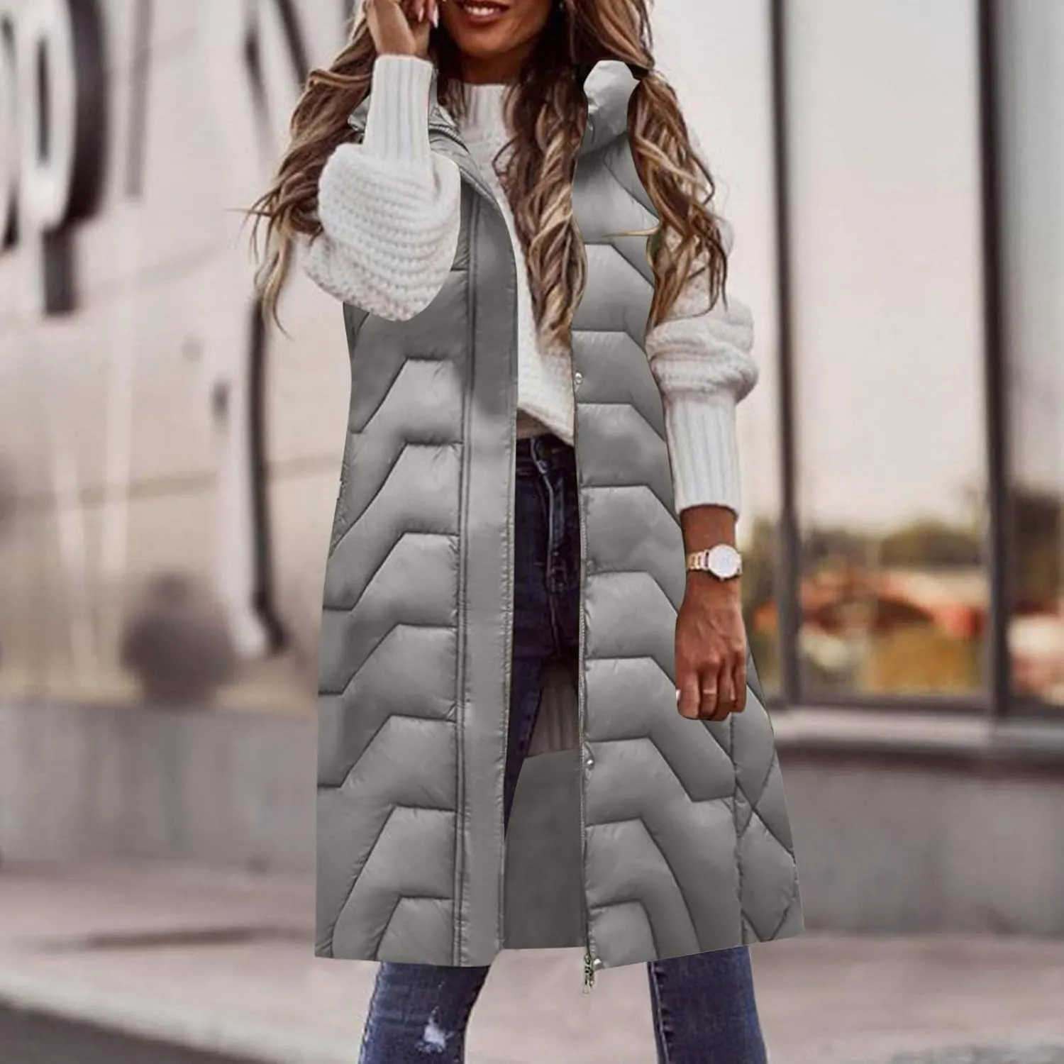 Womens Long Puffer Vest Winter Warm Sleeveless Thicken Cotton Padded Coat Zip Up Pockets Hooded Jacket Belt Down Gilet
