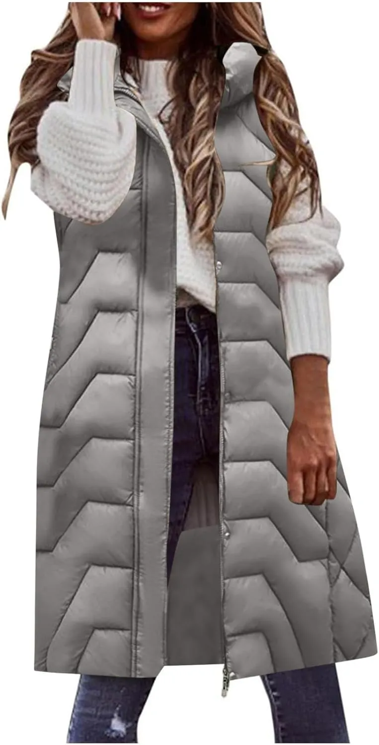 Womens Long Puffer Vest Winter Warm Sleeveless Thicken Cotton Padded Coat Zip Up Pockets Hooded Jacket Belt Down Gilet