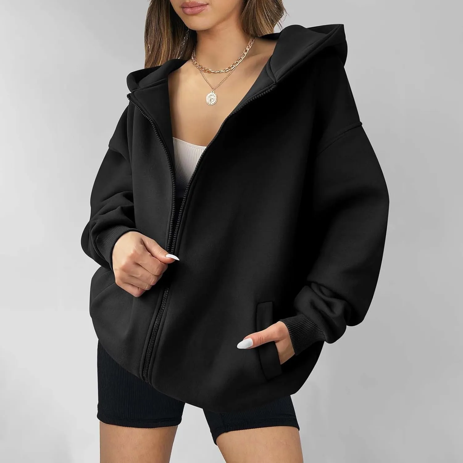 Women's Oversized Hooded Sweatshirt Full Zip Up Long Sleeve Jackets With Pockets Fall Outfits Y2K Teen Girls Clothes