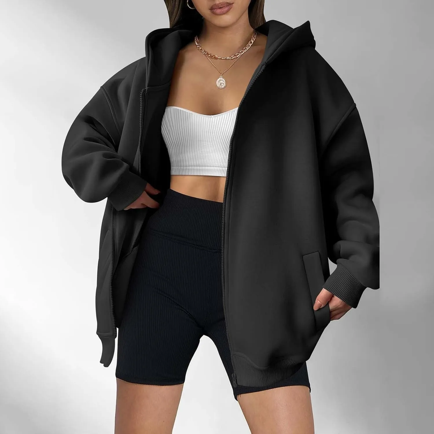 Women's Oversized Hooded Sweatshirt Full Zip Up Long Sleeve Jackets With Pockets Fall Outfits Y2K Teen Girls Clothes