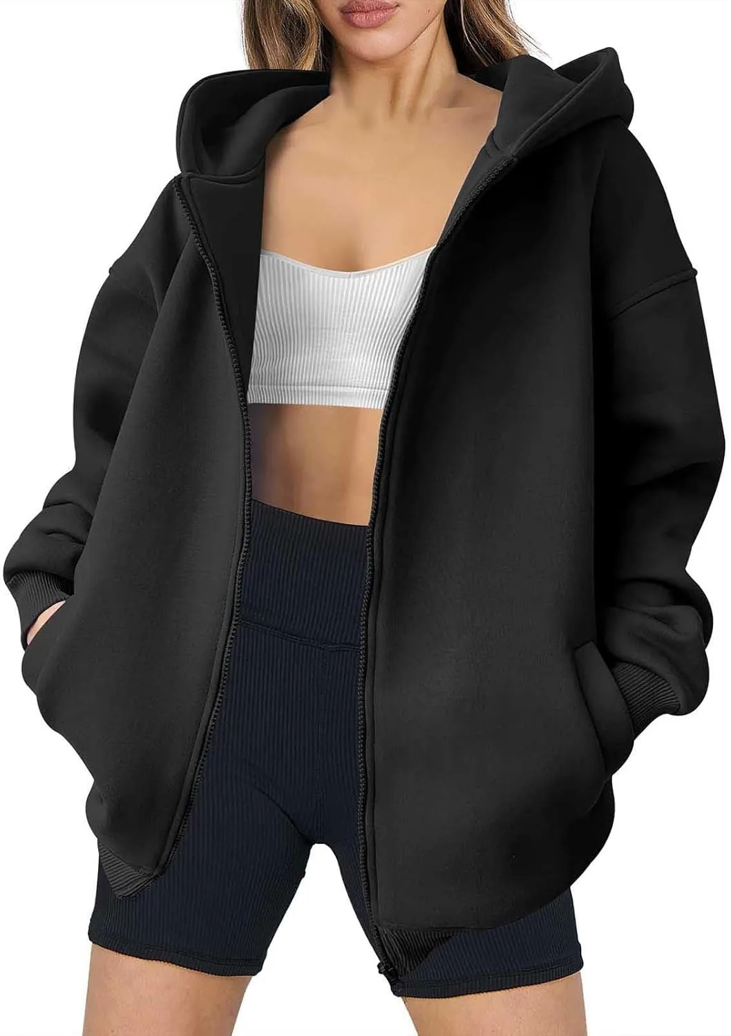 Women's Oversized Hooded Sweatshirt Full Zip Up Long Sleeve Jackets With Pockets Fall Outfits Y2K Teen Girls Clothes