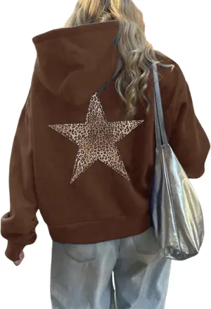 Womens Oversized Hoodies Distressed Star Graphic Sweatshirt Long Sleeve Hooded Shirt Aesthetic Pullover