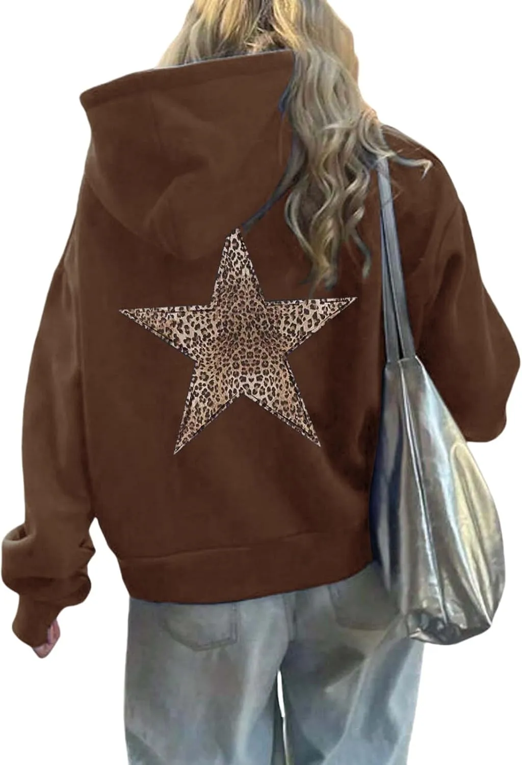 Womens Oversized Hoodies Distressed Star Graphic Sweatshirt Long Sleeve Hooded Shirt Aesthetic Pullover