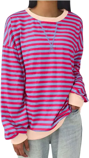 Womens Oversized Sweatshirt Long Sleeve Striped Sweatshirts Loose Fit Pullover Top Fashion Y2k Clothes Fall Outfits