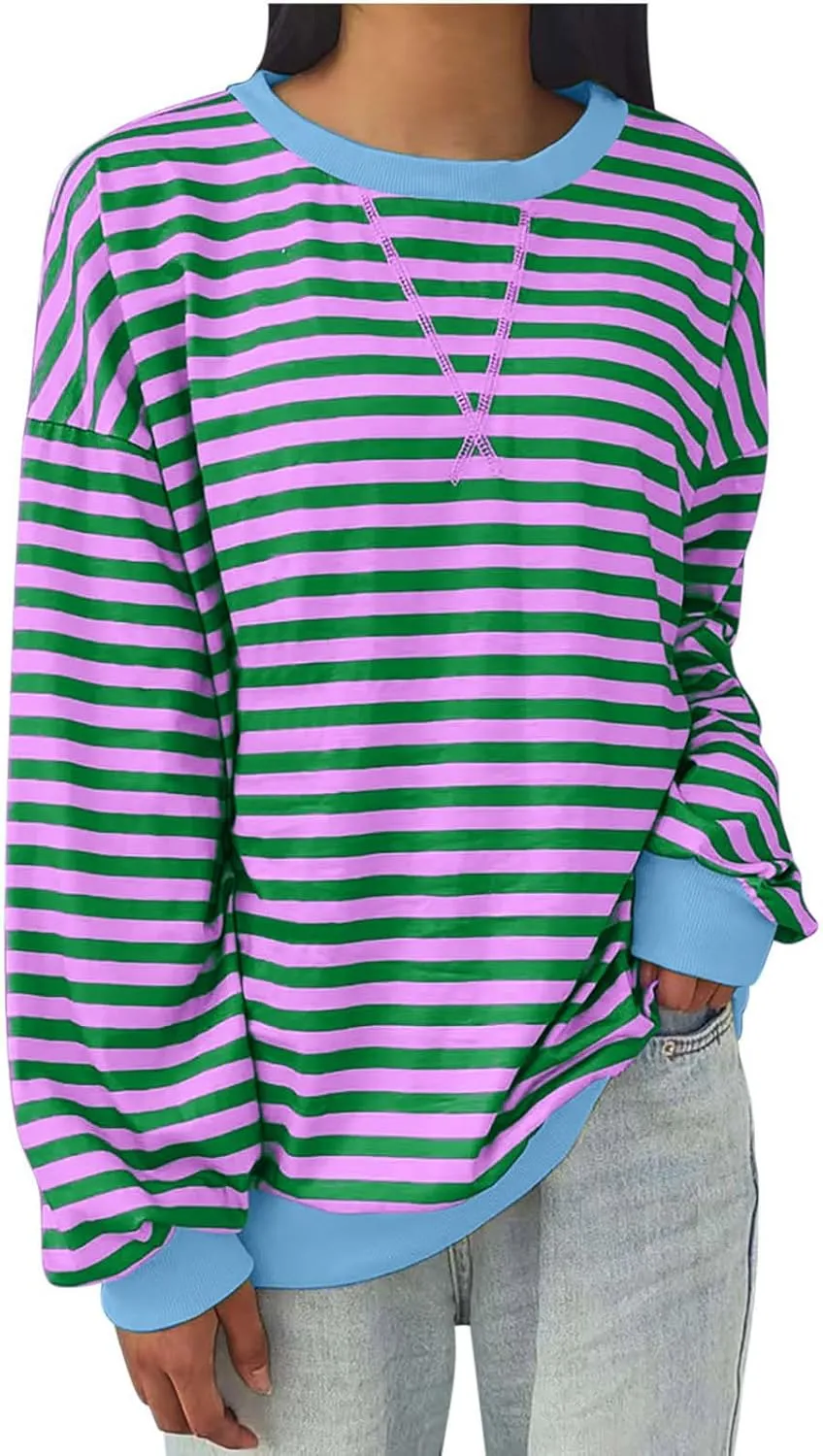 Women's Oversized Sweatshirts 2024 Fall y2k Clothes Casual Striped Pullover Tops Long Sleeve Crewneck Shirts